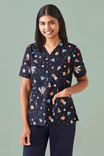 Biz Care Space Party Women's Scrub Top - CST148LS